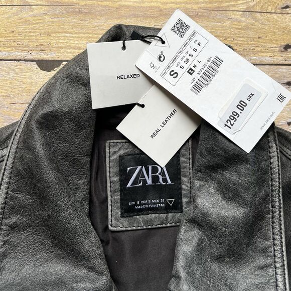 ZARA Size Small Relaxed Mens Leather Gray Jacket Coat Biker Aviator Racer NWT - Picture 7 of 16